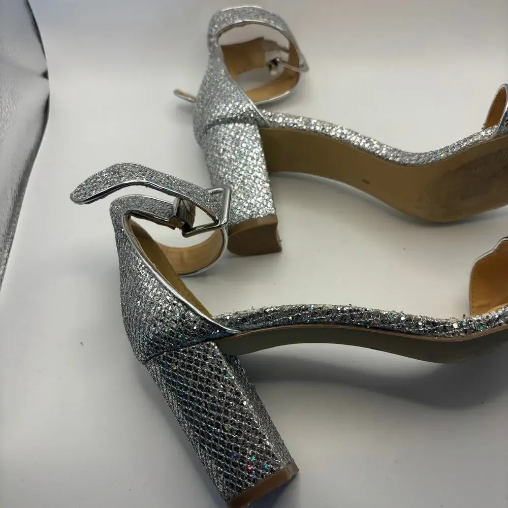 Badgley Mischka American Glamour Silver Glitter Block Heel Sandals Size 8